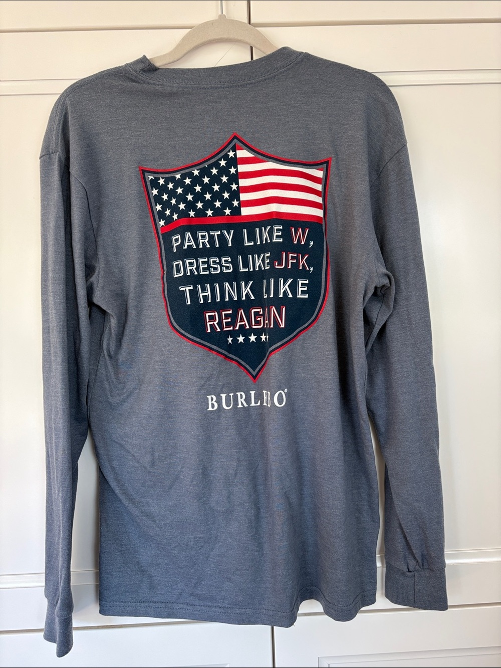 BURLEBO Long-Sleeve Pocket Tee in Slate Gray with Flag Patch
